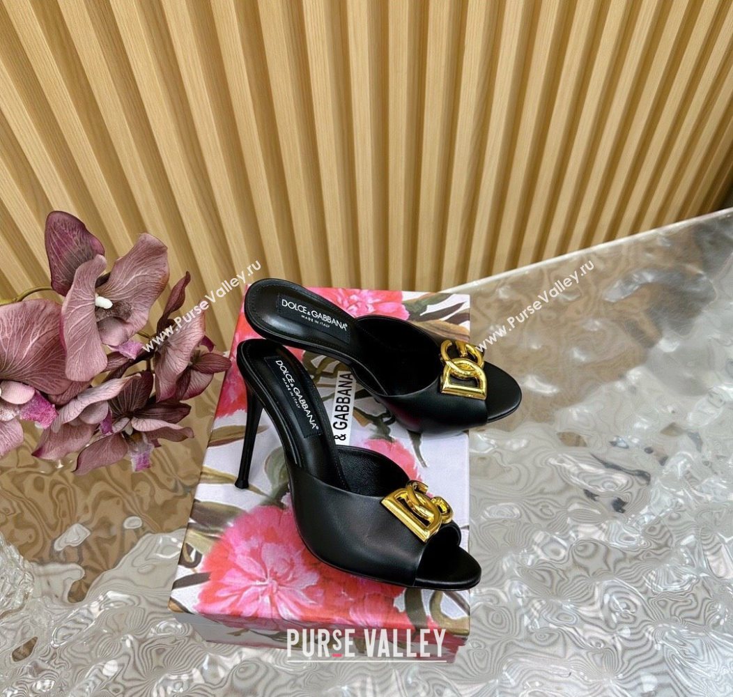 Dolce Gabbana Calfskin Leather Heel Slides Sandal 10cm with DG Logo Black 2025 DG121103 (MD-251211079)