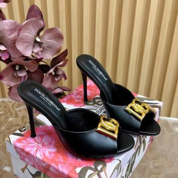 Dolce Gabbana Calfskin Leather Heel Slides Sandal 10cm with DG Logo Black 2025 DG121103 (MD-251211079)