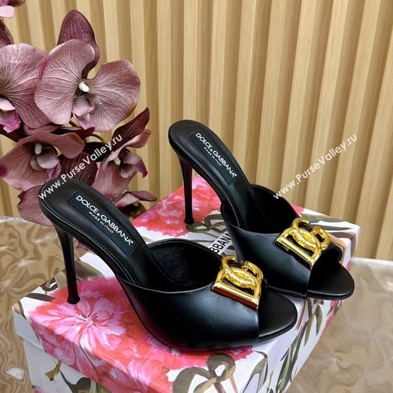 Dolce Gabbana Calfskin Leather Heel Slides Sandal 10cm with DG Logo Black 2025 DG121103 (MD-251211079)