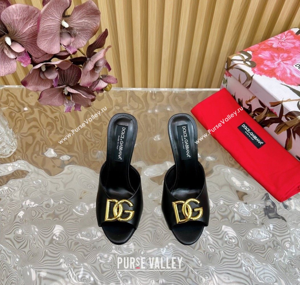 Dolce Gabbana Calfskin Leather Heel Slides Sandal 10cm with DG Logo Black 2025 DG121103 (MD-251211079)