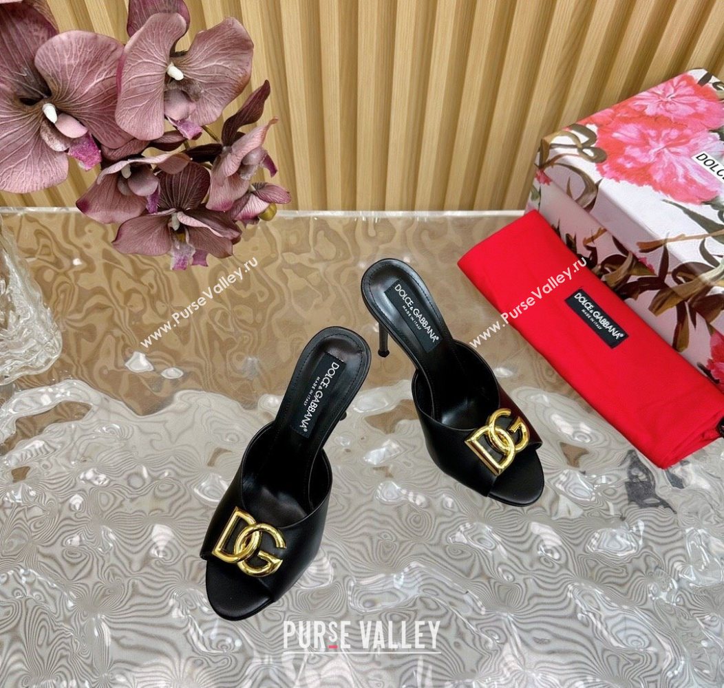 Dolce Gabbana Calfskin Leather Heel Slides Sandal 10cm with DG Logo Black 2025 DG121103 (MD-251211079)