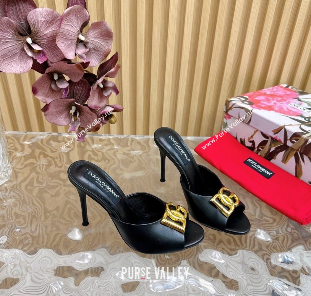 Dolce Gabbana Calfskin Leather Heel Slides Sandal 10cm with DG Logo Black 2025 DG121103 (MD-251211079)