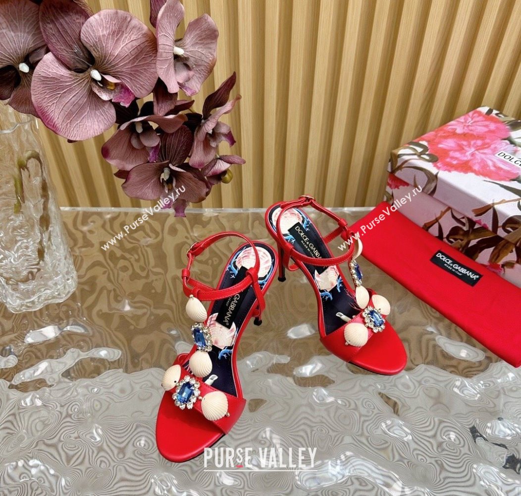 Dolce Gabbana Calfskin Leather Heel Sandals 10.5cm with Stones and Shell Red 2025 (MD-251211068)