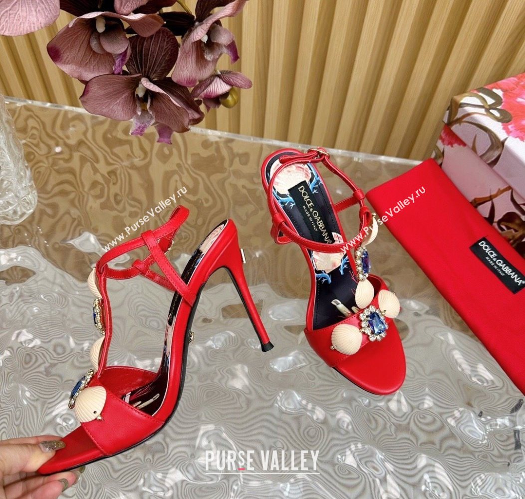 Dolce Gabbana Calfskin Leather Heel Sandals 10.5cm with Stones and Shell Red 2025 (MD-251211068)