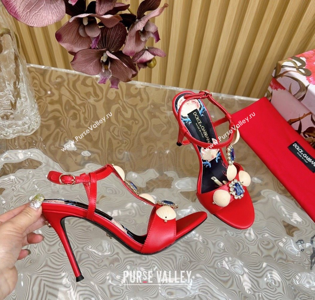 Dolce Gabbana Calfskin Leather Heel Sandals 10.5cm with Stones and Shell Red 2025 (MD-251211068)