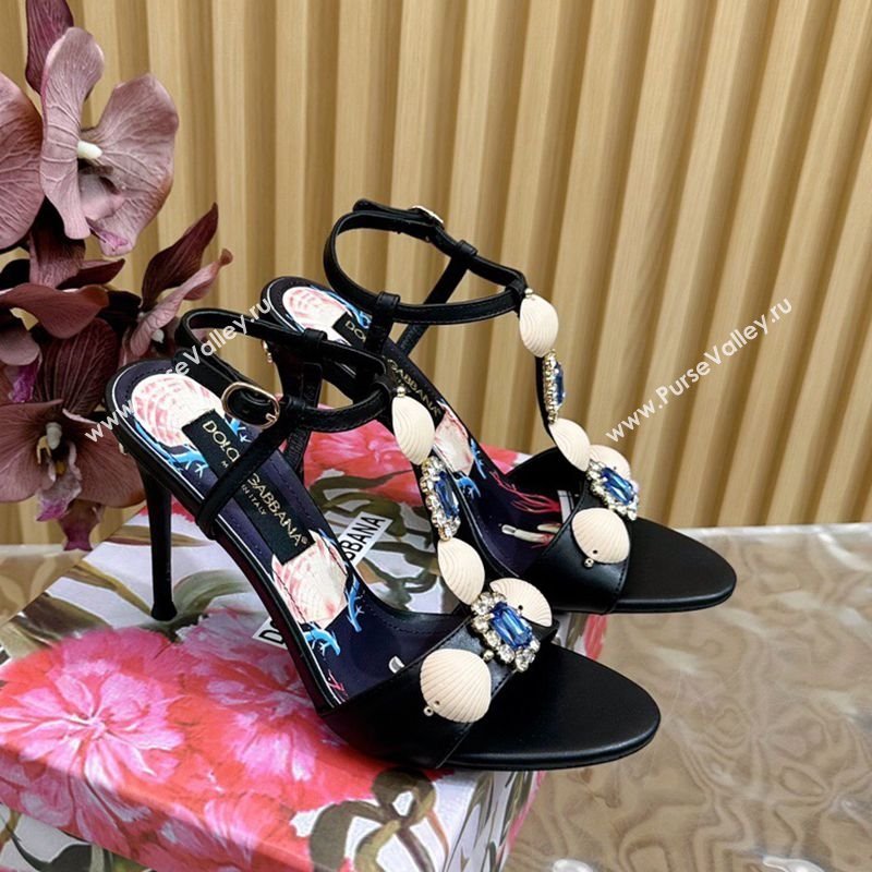 Dolce Gabbana Calfskin Leather Heel Sandals 10.5cm with Stones and Shell Black 2025 (MD-251211067)