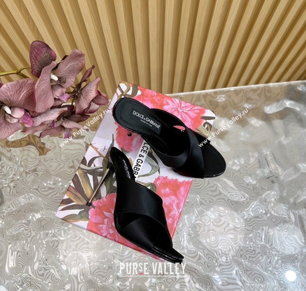 Dolce Gabbana Black Satin Heel Slides Sandal 10cm with Cross Strap 2025 DG121105 (MD-251211094)