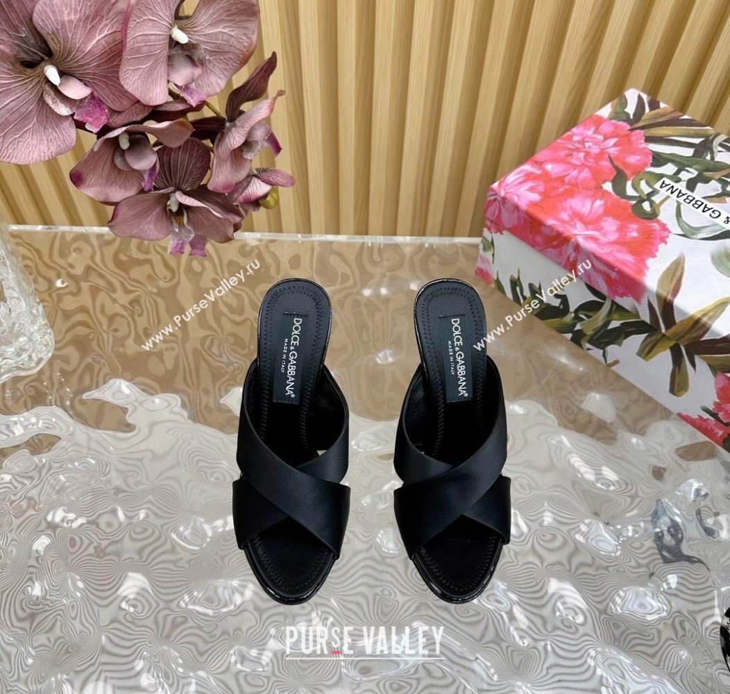 Dolce Gabbana Black Satin Heel Slides Sandal 10cm with Cross Strap 2025 DG121105 (MD-251211094)