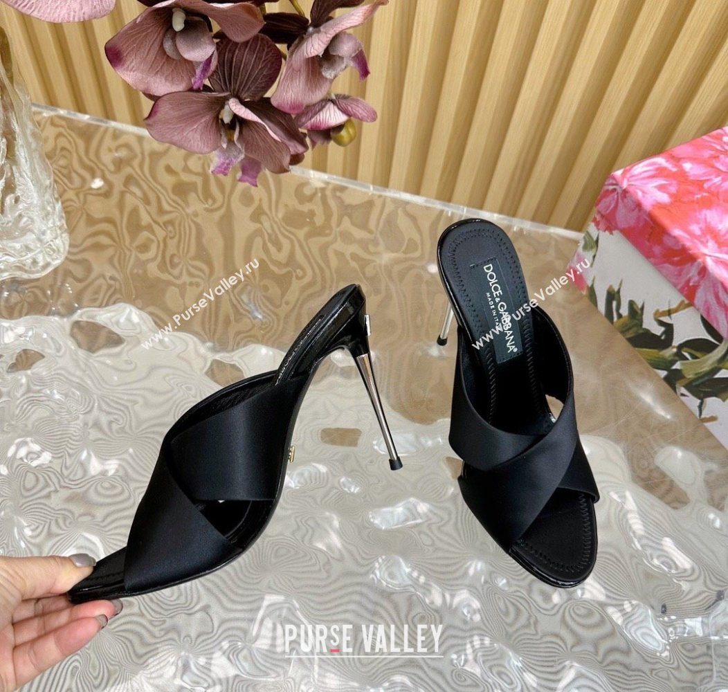 Dolce Gabbana Black Satin Heel Slides Sandal 10cm with Cross Strap 2025 DG121105 (MD-251211094)