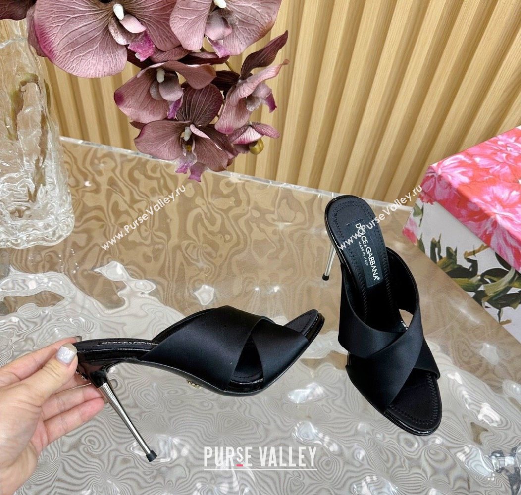 Dolce Gabbana Black Satin Heel Slides Sandal 10cm with Cross Strap 2025 DG121105 (MD-251211094)