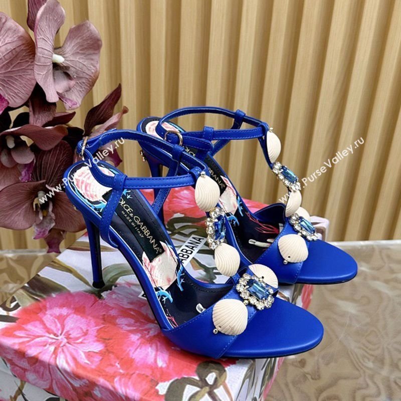 Dolce Gabbana Calfskin Leather Heel Sandals 10.5cm with Stones and Shell Blue 2025 (MD-251211070)