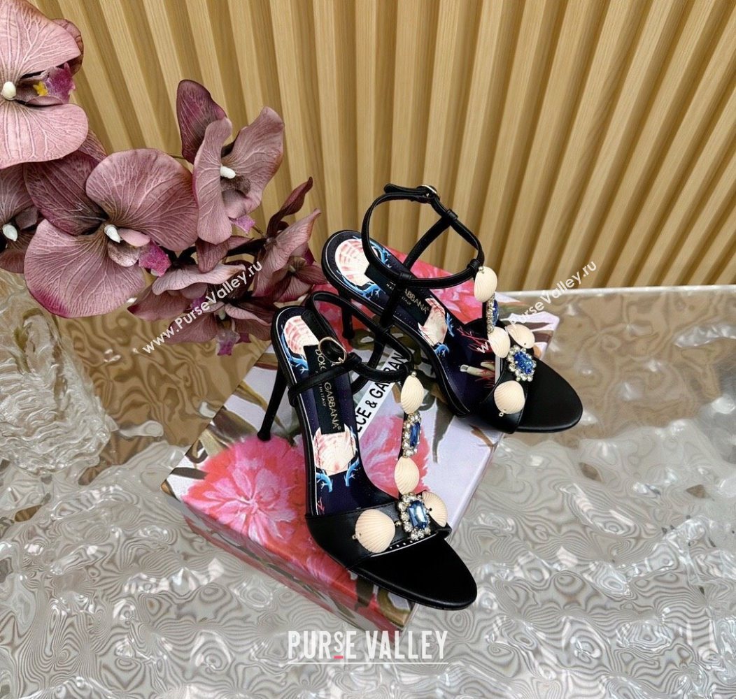 Dolce Gabbana Calfskin Leather Heel Sandals 10.5cm with Stones and Shell Black 2025 (MD-251211067)