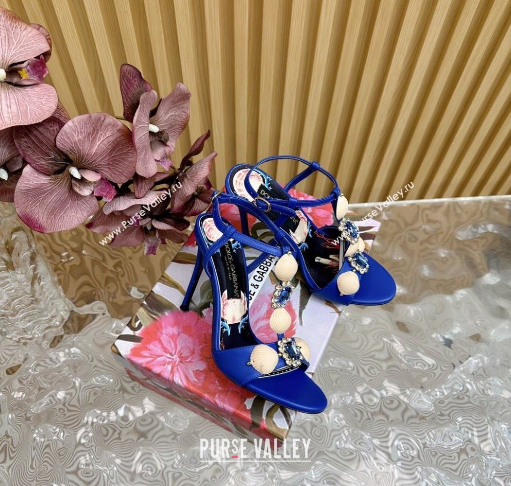 Dolce Gabbana Calfskin Leather Heel Sandals 10.5cm with Stones and Shell Blue 2025 (MD-251211070)