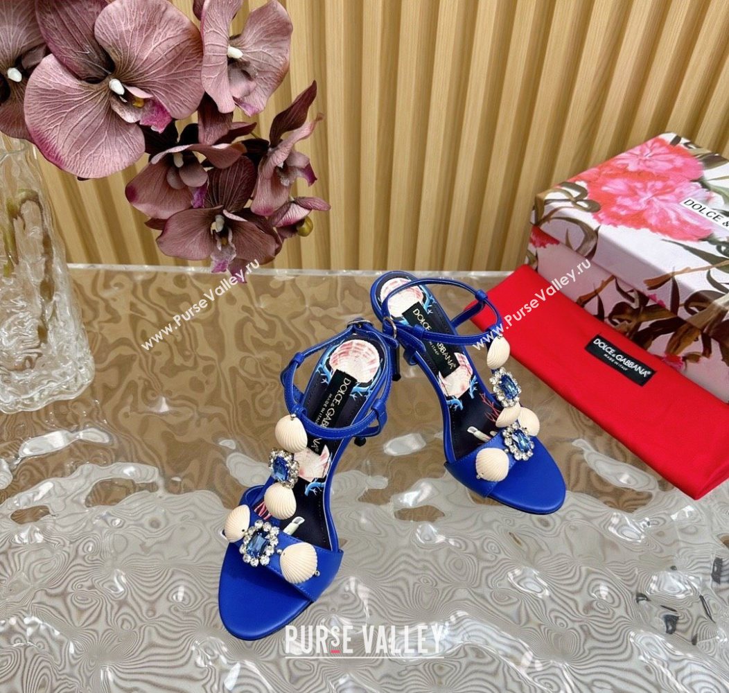 Dolce Gabbana Calfskin Leather Heel Sandals 10.5cm with Stones and Shell Blue 2025 (MD-251211070)