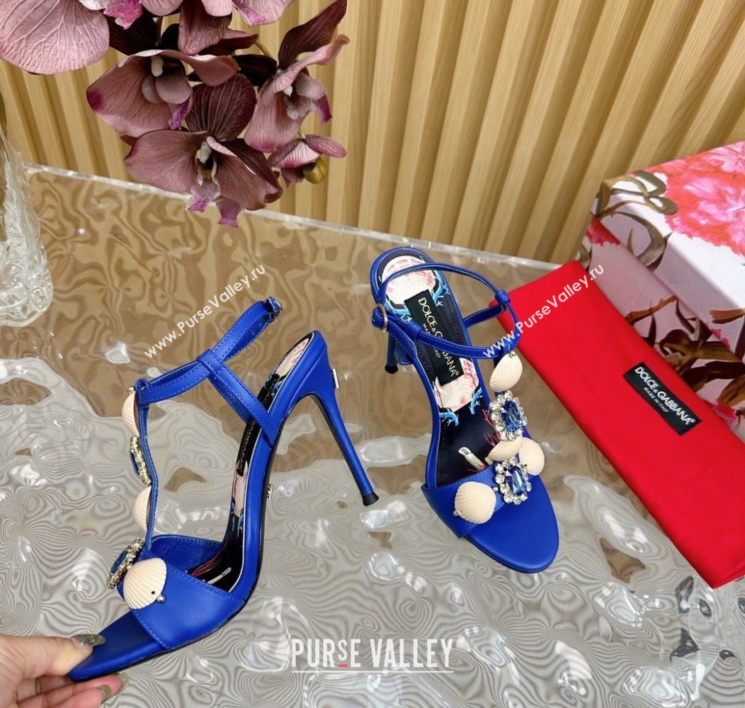 Dolce Gabbana Calfskin Leather Heel Sandals 10.5cm with Stones and Shell Blue 2025 (MD-251211070)