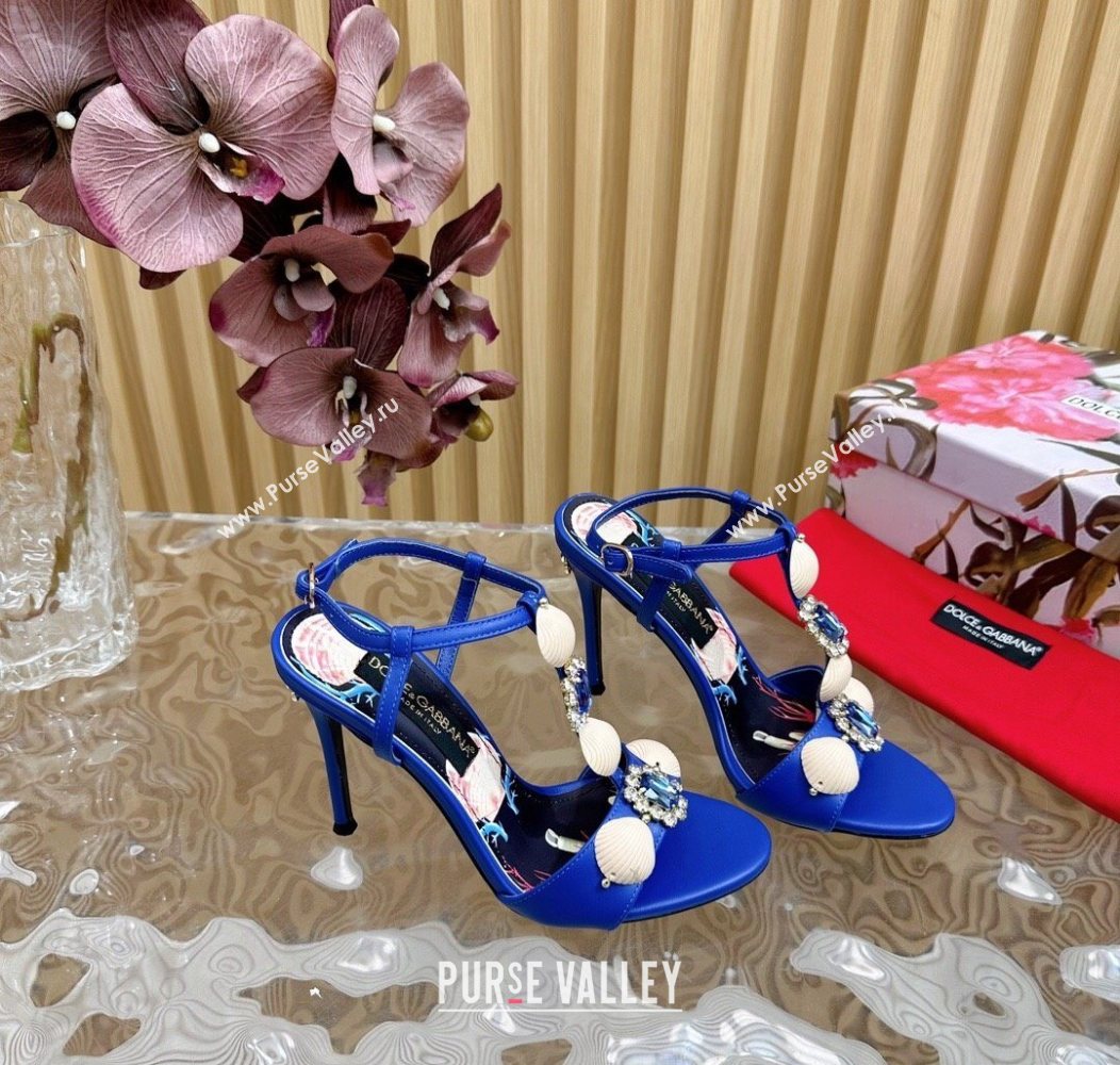 Dolce Gabbana Calfskin Leather Heel Sandals 10.5cm with Stones and Shell Blue 2025 (MD-251211070)