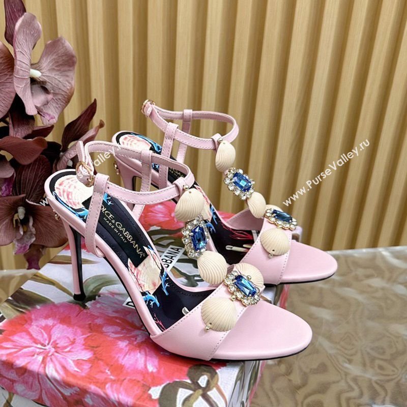 Dolce Gabbana Calfskin Leather Heel Sandals 10.5cm with Stones and Shell Pink 2025 (MD-251211071)