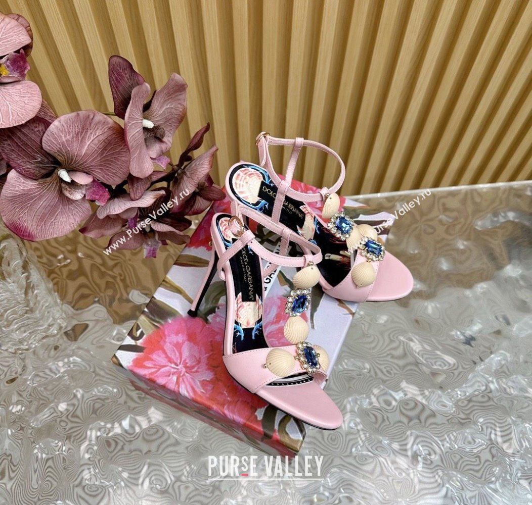 Dolce Gabbana Calfskin Leather Heel Sandals 10.5cm with Stones and Shell Pink 2025 (MD-251211071)