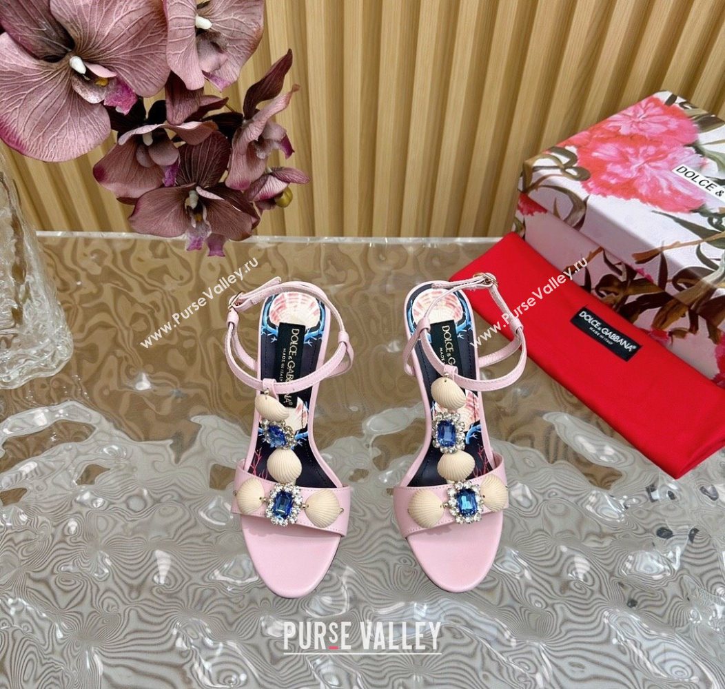 Dolce Gabbana Calfskin Leather Heel Sandals 10.5cm with Stones and Shell Pink 2025 (MD-251211071)