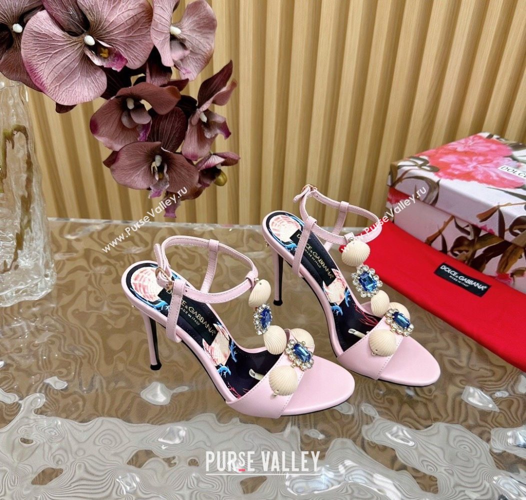Dolce Gabbana Calfskin Leather Heel Sandals 10.5cm with Stones and Shell Pink 2025 (MD-251211071)