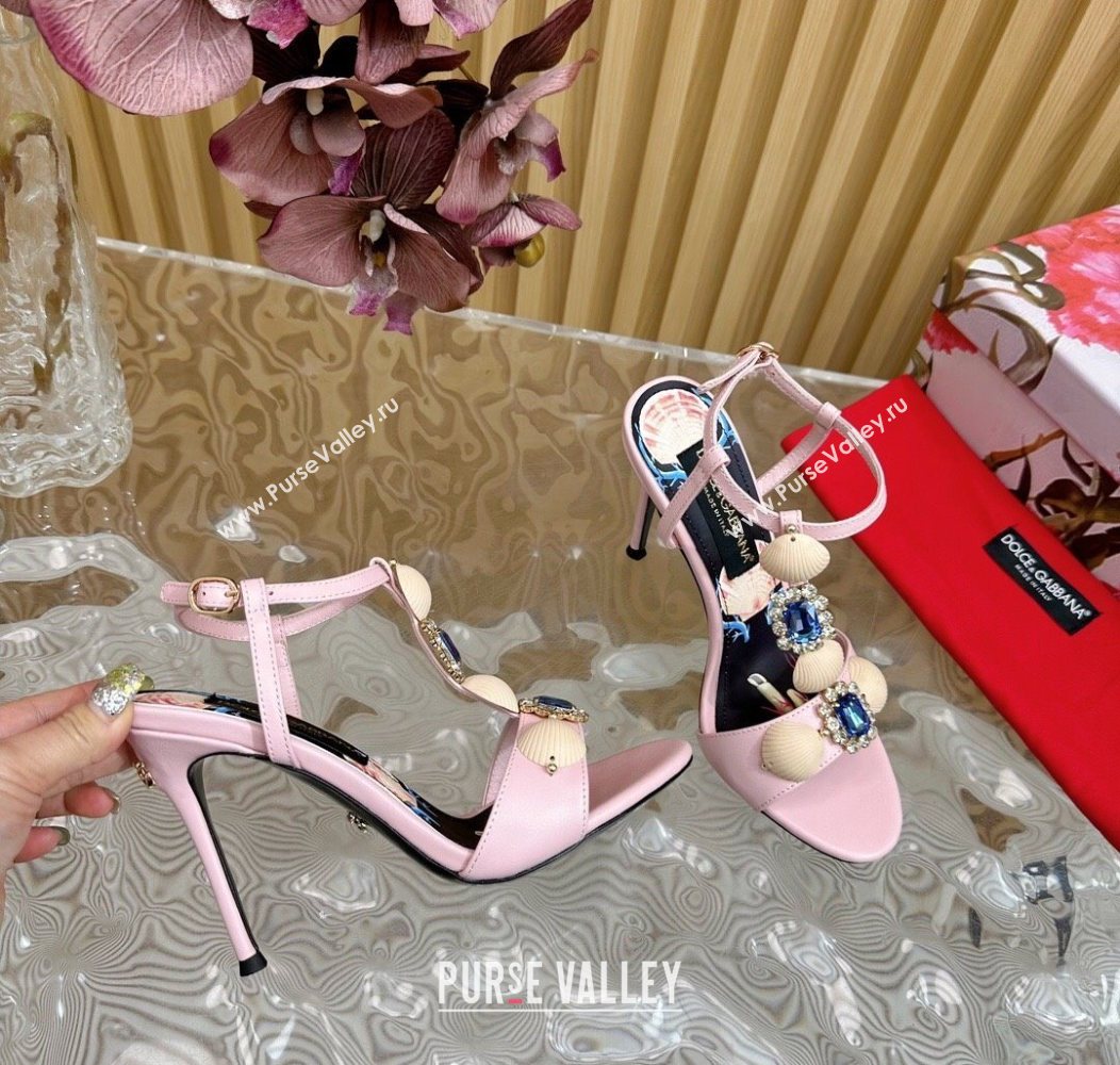 Dolce Gabbana Calfskin Leather Heel Sandals 10.5cm with Stones and Shell Pink 2025 (MD-251211071)