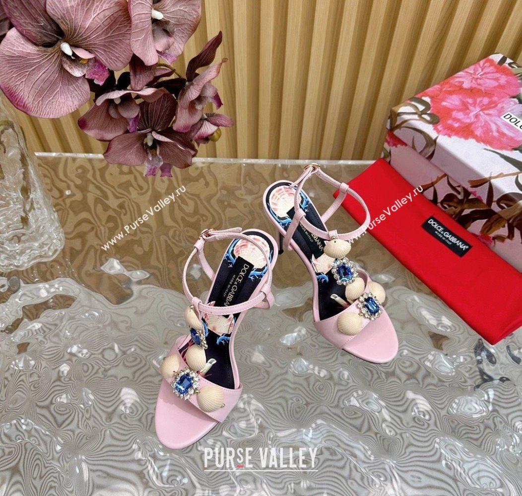 Dolce Gabbana Calfskin Leather Heel Sandals 10.5cm with Stones and Shell Pink 2025 (MD-251211071)