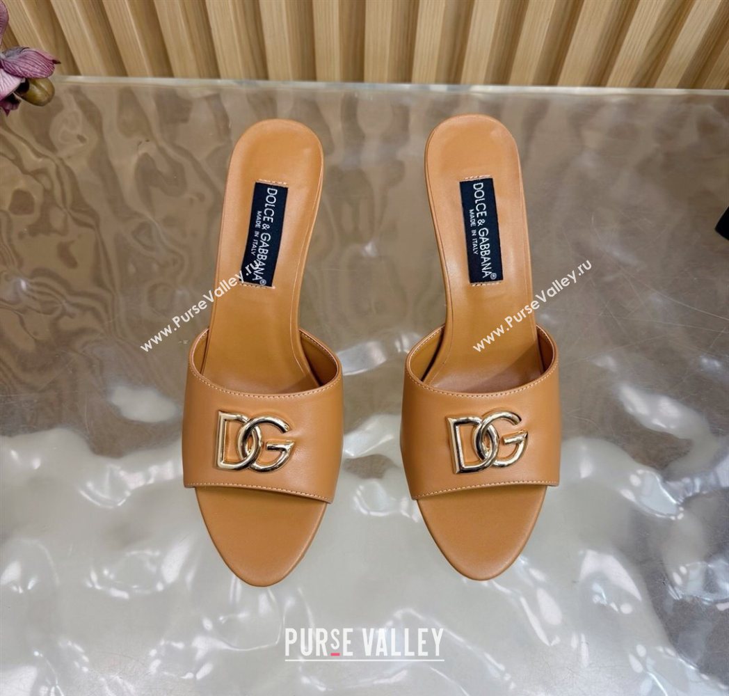 Dolce Gabbana Calfskin Leather Heel Slides Sandal 9cm with DG Logo Brown 2025 DG121101 (MD-251211072)
