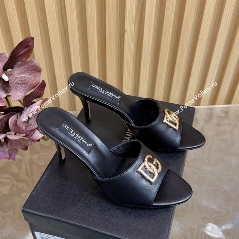 Dolce Gabbana Calfskin Leather Heel Slides Sandal 9cm with DG Logo Black 2025 DG121101 (MD-251211073)