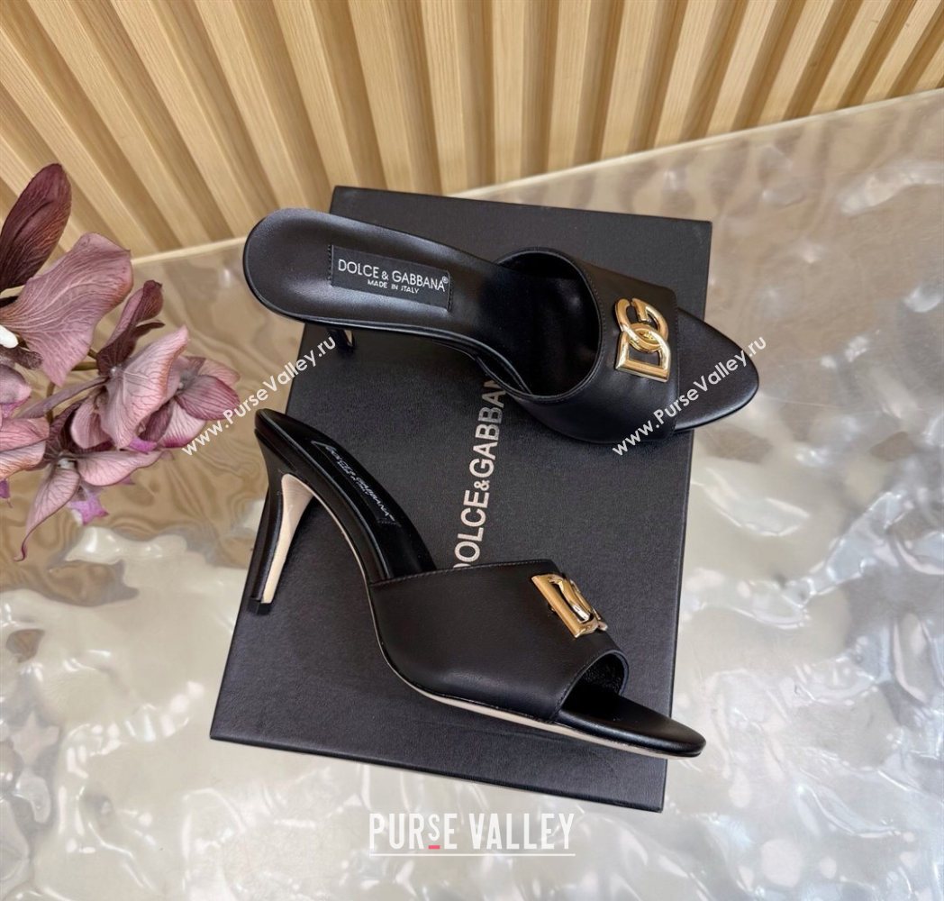 Dolce Gabbana Calfskin Leather Heel Slides Sandal 9cm with DG Logo Black 2025 DG121101 (MD-251211073)