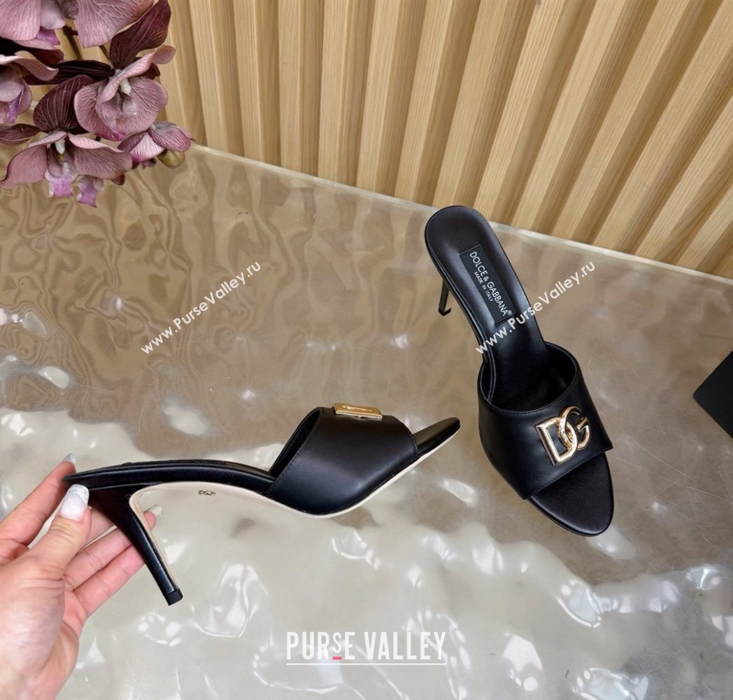 Dolce Gabbana Calfskin Leather Heel Slides Sandal 9cm with DG Logo Black 2025 DG121101 (MD-251211073)