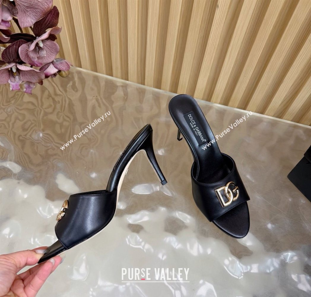Dolce Gabbana Calfskin Leather Heel Slides Sandal 9cm with DG Logo Black 2025 DG121101 (MD-251211073)