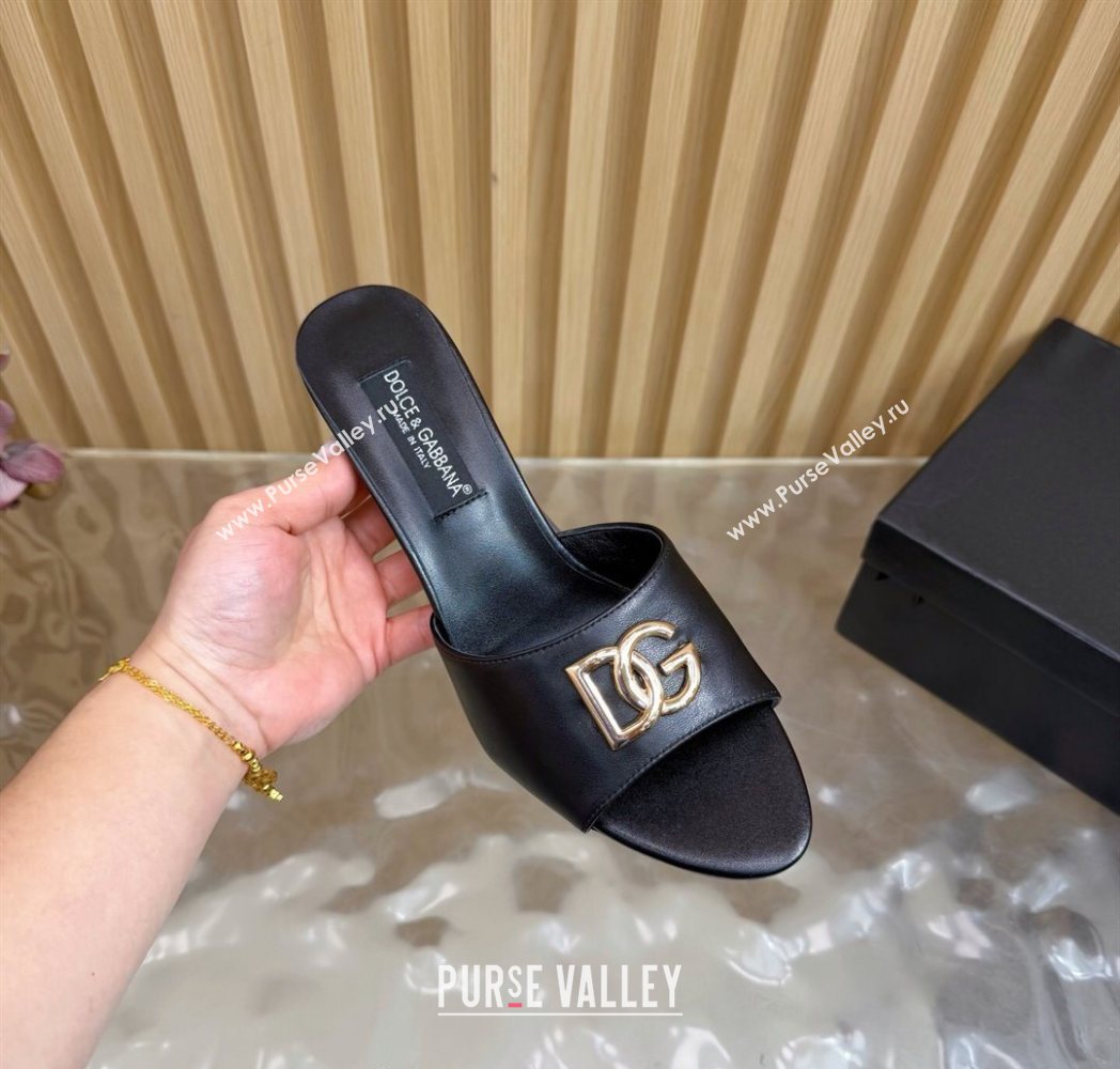 Dolce Gabbana Calfskin Leather Heel Slides Sandal 9cm with DG Logo Black 2025 DG121101 (MD-251211073)