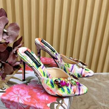 Dolce Gabbana Printed Satin Heel Slides Sandal 10cm with Strass Stones Multicolor/Pink 2025 DG121102 (MD-251211075)