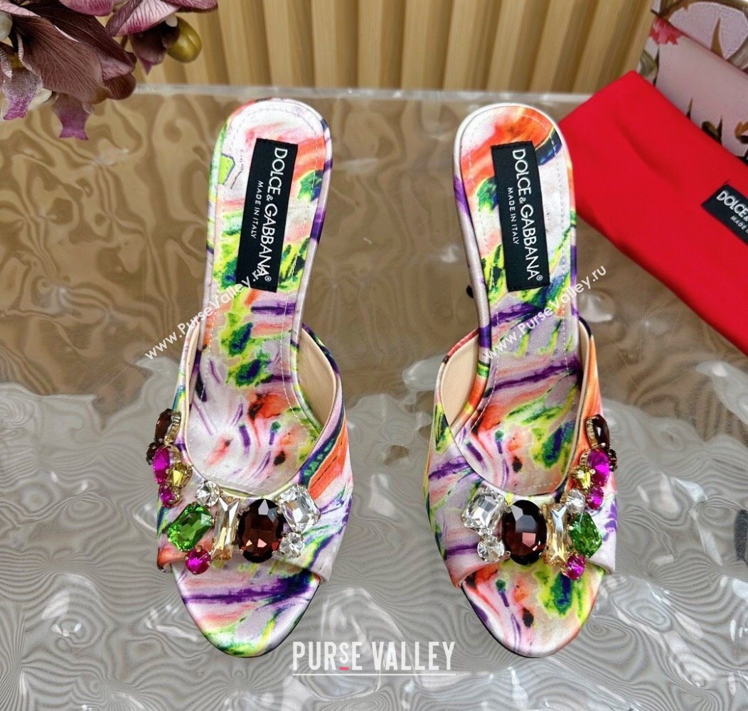 Dolce Gabbana Printed Satin Heel Slides Sandal 10cm with Strass Stones Multicolor/Pink 2025 DG121102 (MD-251211075)