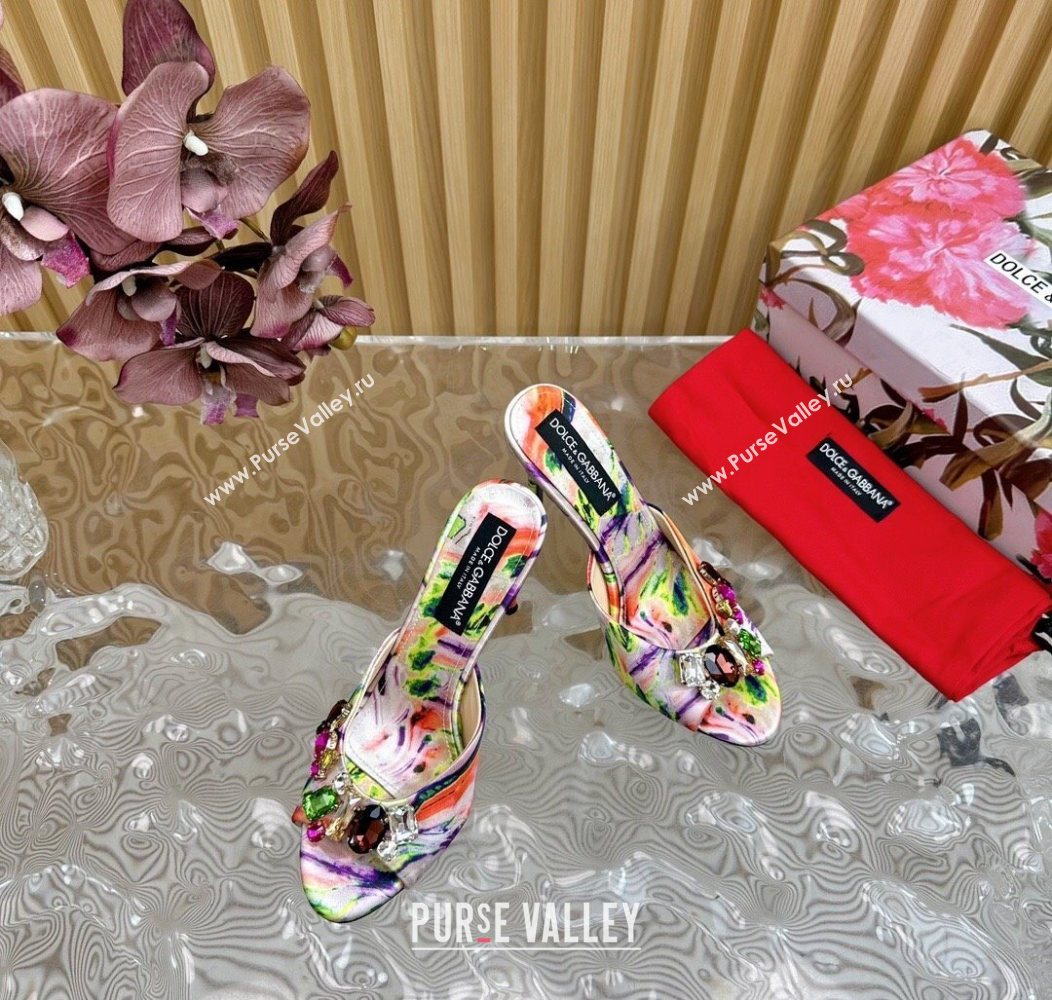 Dolce Gabbana Printed Satin Heel Slides Sandal 10cm with Strass Stones Multicolor/Pink 2025 DG121102 (MD-251211075)