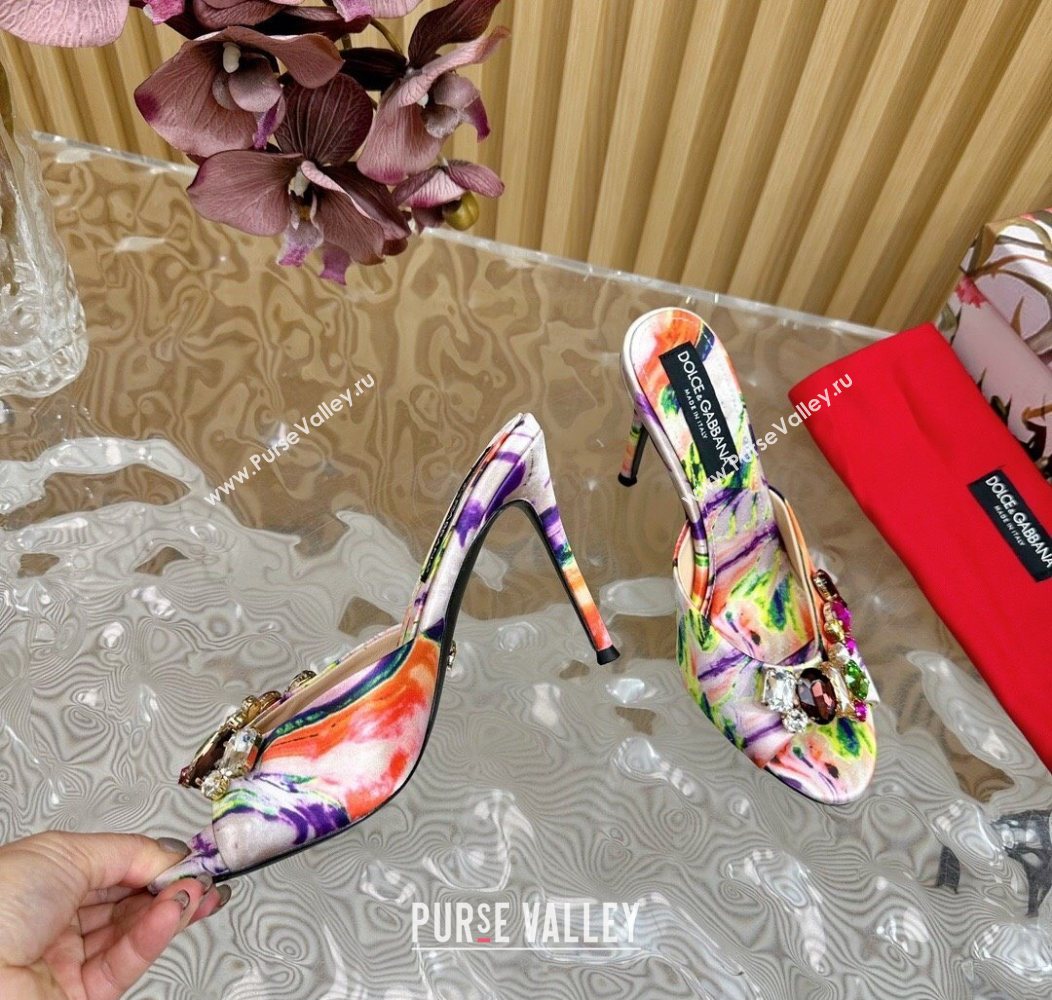 Dolce Gabbana Printed Satin Heel Slides Sandal 10cm with Strass Stones Multicolor/Pink 2025 DG121102 (MD-251211075)