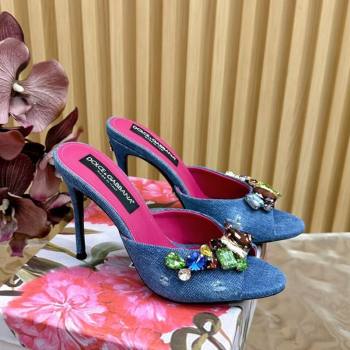 Dolce Gabbana Blue Denim Heel Slides Sandal 10cm with Strass Stones 2025 DG121102 (MD-251211076)