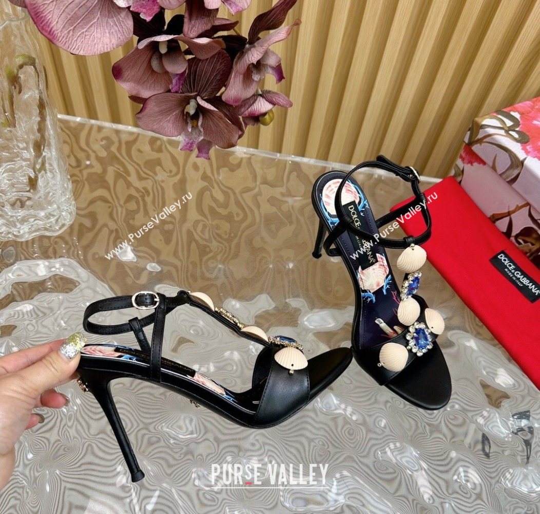 Dolce Gabbana Calfskin Leather Heel Sandals 10.5cm with Stones and Shell Black 2025 (MD-251211067)