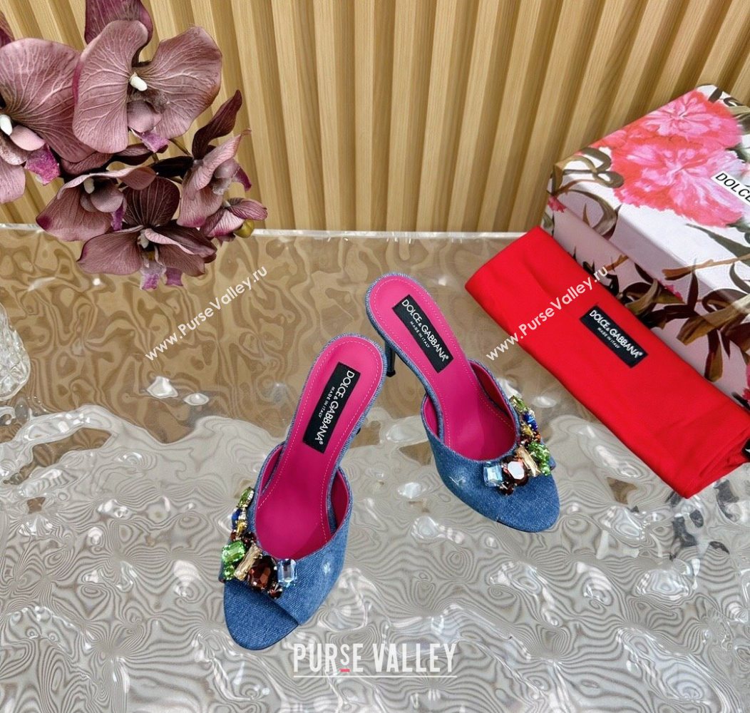 Dolce Gabbana Blue Denim Heel Slides Sandal 10cm with Strass Stones 2025 DG121102 (MD-251211076)