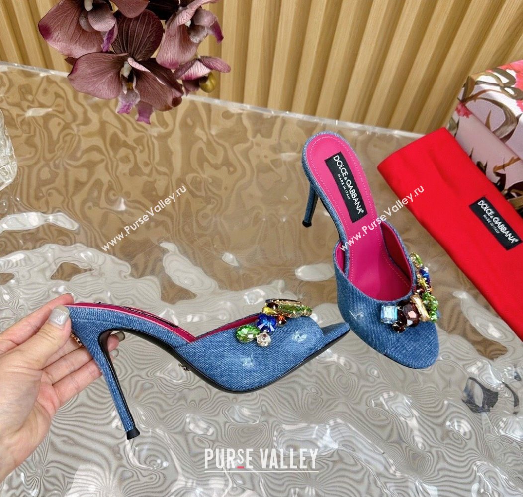 Dolce Gabbana Blue Denim Heel Slides Sandal 10cm with Strass Stones 2025 DG121102 (MD-251211076)