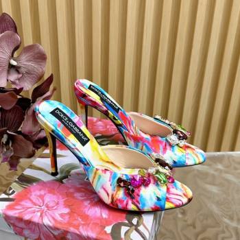 Dolce Gabbana Printed Satin Heel Slides Sandal 10cm with Strass Stones Multicolor/Blue 2025 DG121102 (MD-251211077)