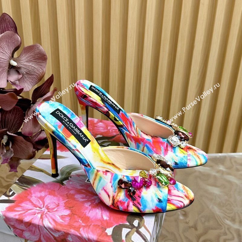 Dolce Gabbana Printed Satin Heel Slides Sandal 10cm with Strass Stones Multicolor/Blue 2025 DG121102 (MD-251211077)