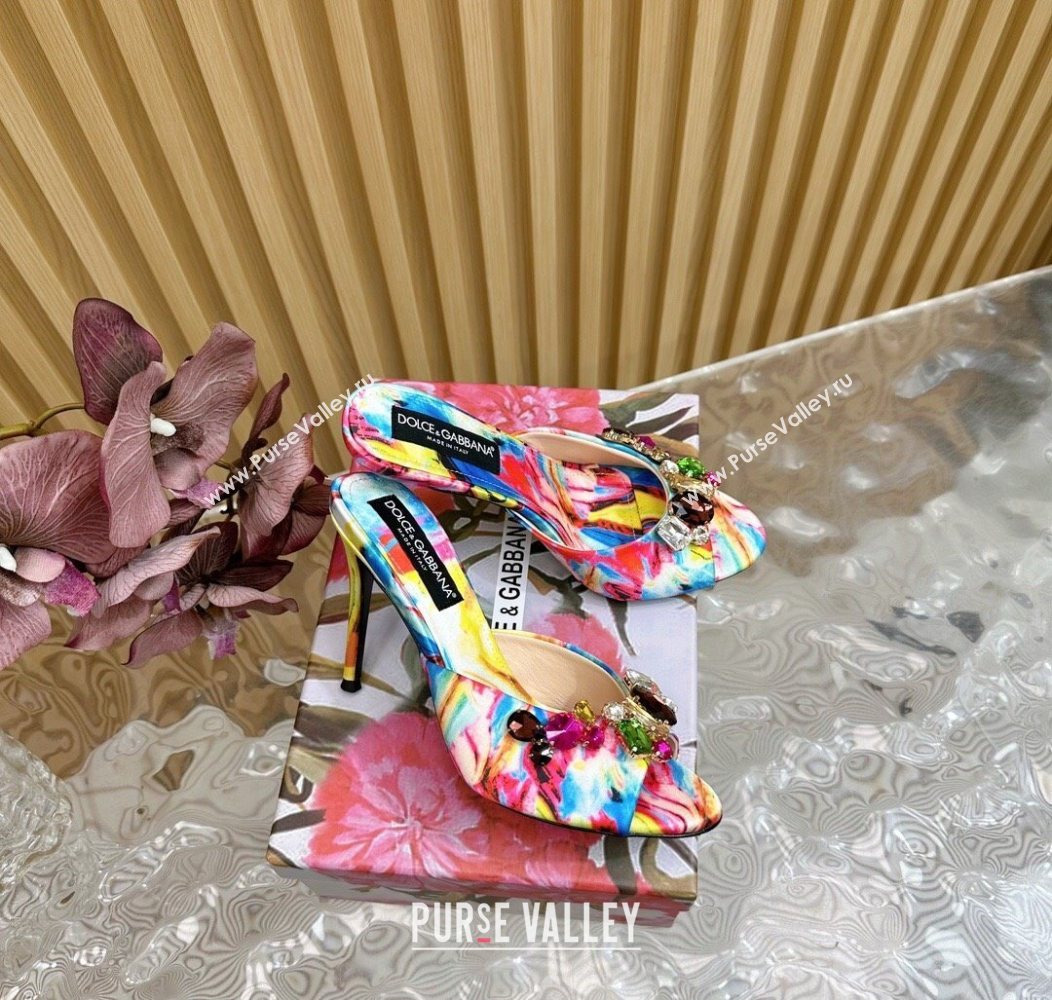 Dolce Gabbana Printed Satin Heel Slides Sandal 10cm with Strass Stones Multicolor/Blue 2025 DG121102 (MD-251211077)