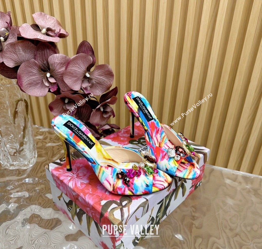 Dolce Gabbana Printed Satin Heel Slides Sandal 10cm with Strass Stones Multicolor/Blue 2025 DG121102 (MD-251211077)
