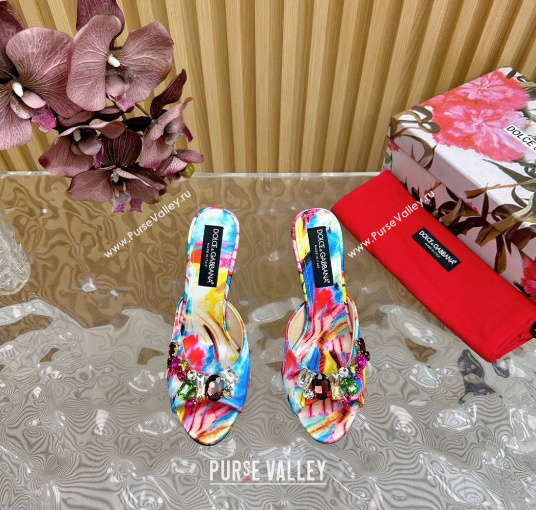 Dolce Gabbana Printed Satin Heel Slides Sandal 10cm with Strass Stones Multicolor/Blue 2025 DG121102 (MD-251211077)