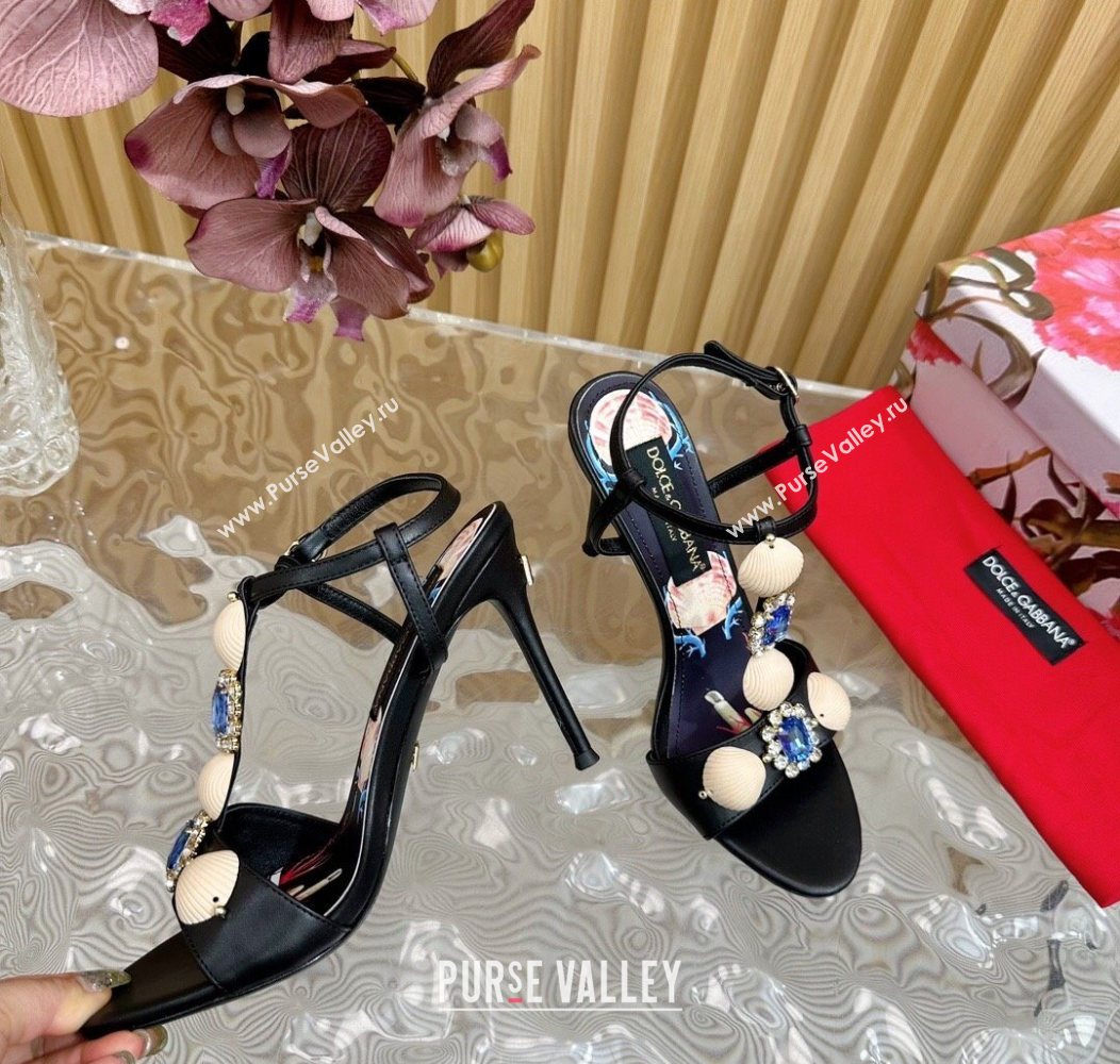 Dolce Gabbana Calfskin Leather Heel Sandals 10.5cm with Stones and Shell Black 2025 (MD-251211067)