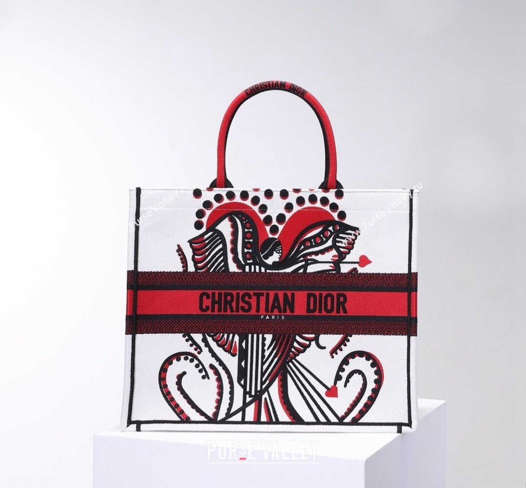 Dior Large Book Tote Bag in White and Red Multicolor Cupidon Embroidery 2022 (BINF-22012181)