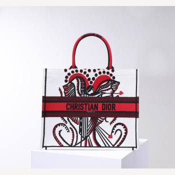 Dior Large Book Tote Bag in White and Red Multicolor Cupidon Embroidery 2022 (BINF-22012181)