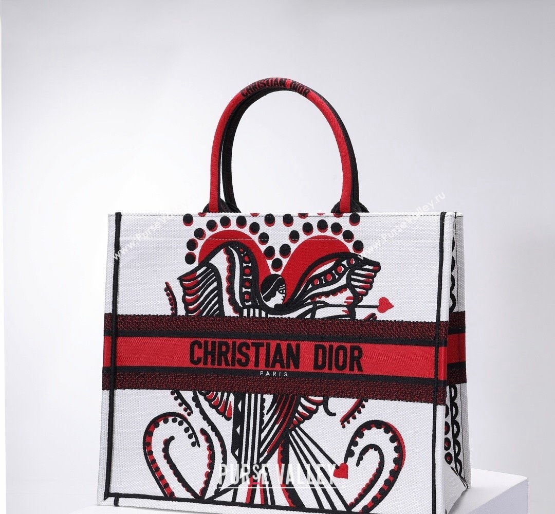 Dior Large Book Tote Bag in White and Red Multicolor Cupidon Embroidery 2022 (BINF-22012181)