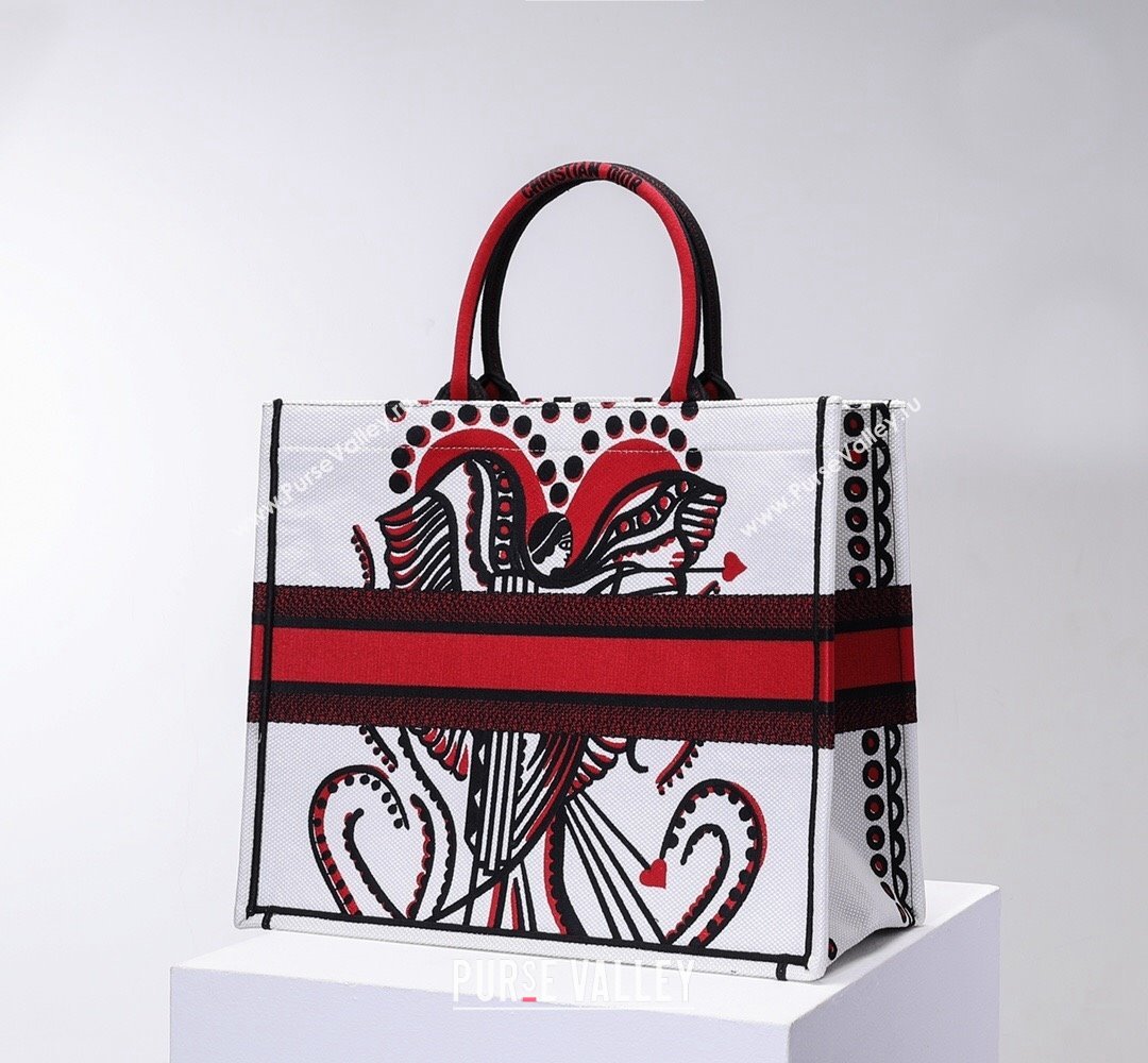 Dior Large Book Tote Bag in White and Red Multicolor Cupidon Embroidery 2022 (BINF-22012181)